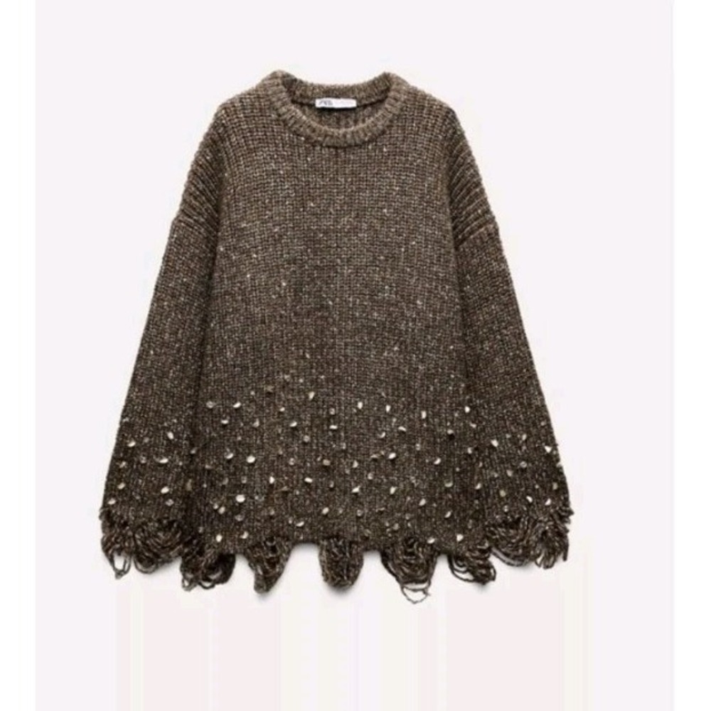 Zara Sequined Jeweled Chunky Sweater Brown Size XS-S NWOT